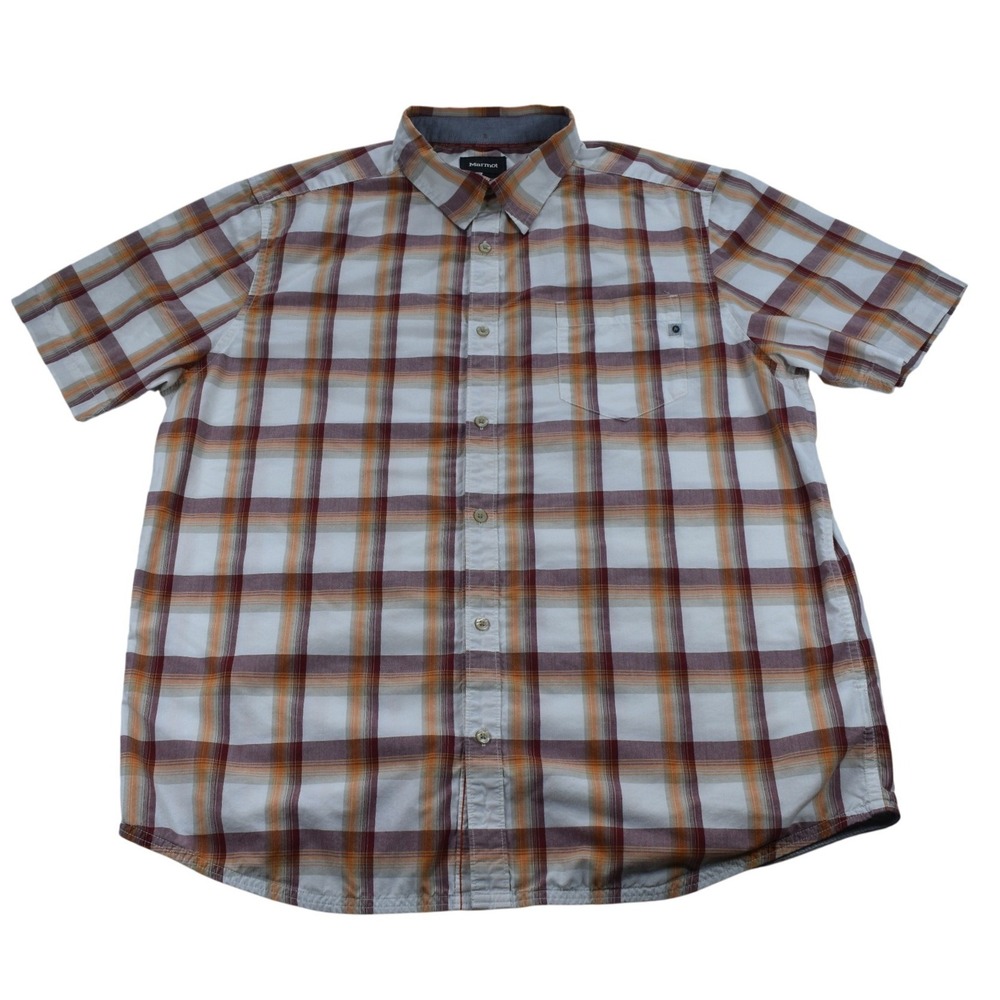 Marmot Mens XL Short Sleeve Plaid Button Down Shirt Orange Burgundy 53800